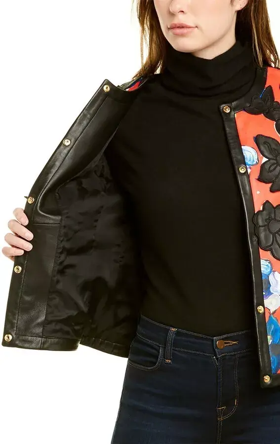 縮圖：ESCADA Lamb Leather Jacket 36 S Coral Embroided Flower Print Gold Button Closure