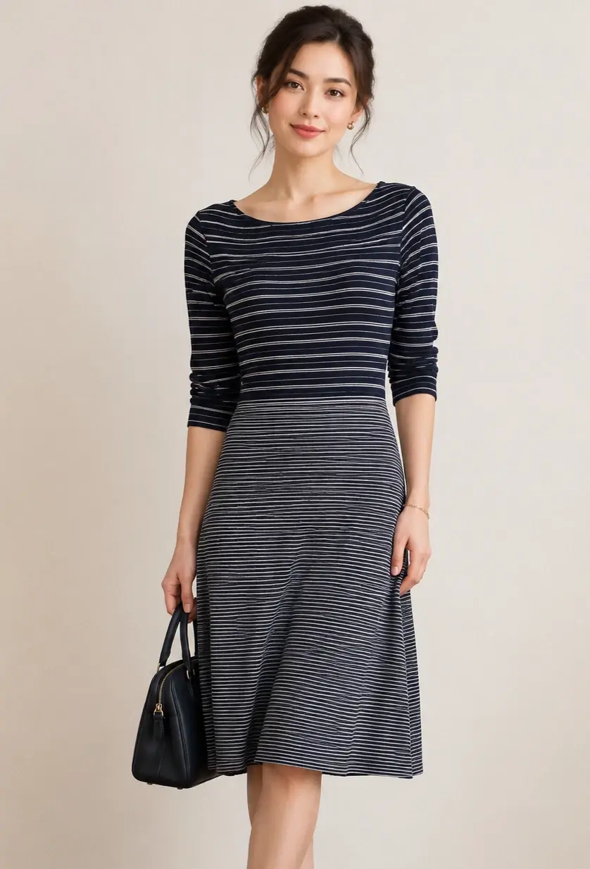 CHRISTIAN DIOR Black / White Striped Cotton Dress 8 Knee Length Crew Neck