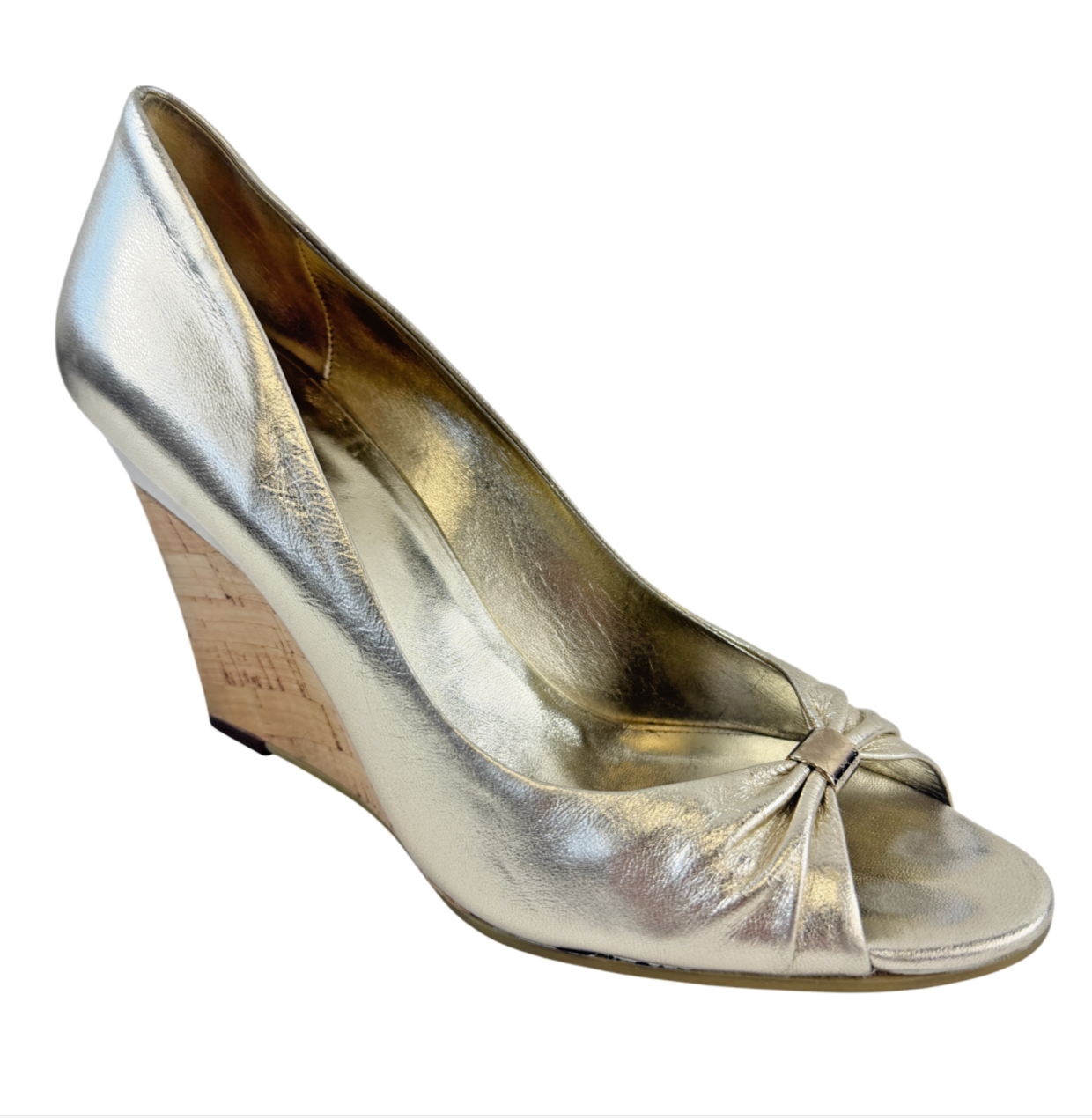 GUCCI Gold Metallic Leather Wedges 7 B Peep Toe Knot Accent Cork Heel GG 37 Logo