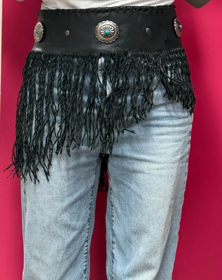 Hình thu nhỏ: DESIGNER Western Fringe Belt Turquoise Silver Concho Black Leather Medium M