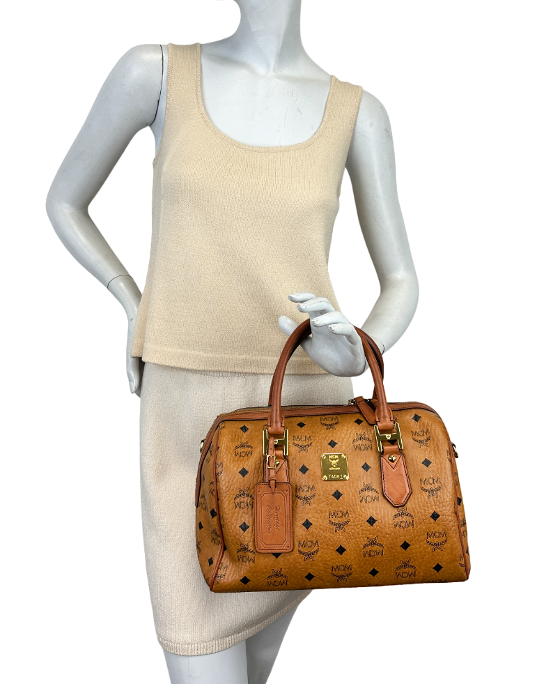 Thumbnail: MCM Visetos Coated Canvas Leather Medium Boston Bag Cognac