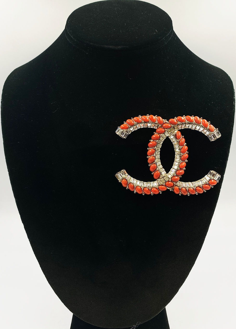 Thumbnail: CHANEL Logo Crystal CC Gripoix Brooch 2008 Pin 3" Large Orange Beads NEW Signed