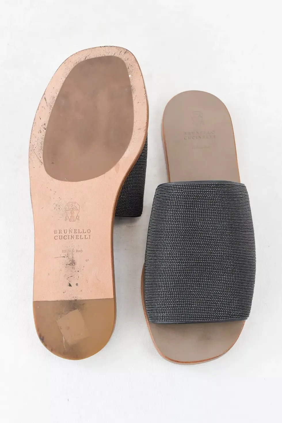 Miniatura: BRUNELLO CUCINELLI Monili Leather Slip On Sandals Slides 39 Steel Grey Beaded 9