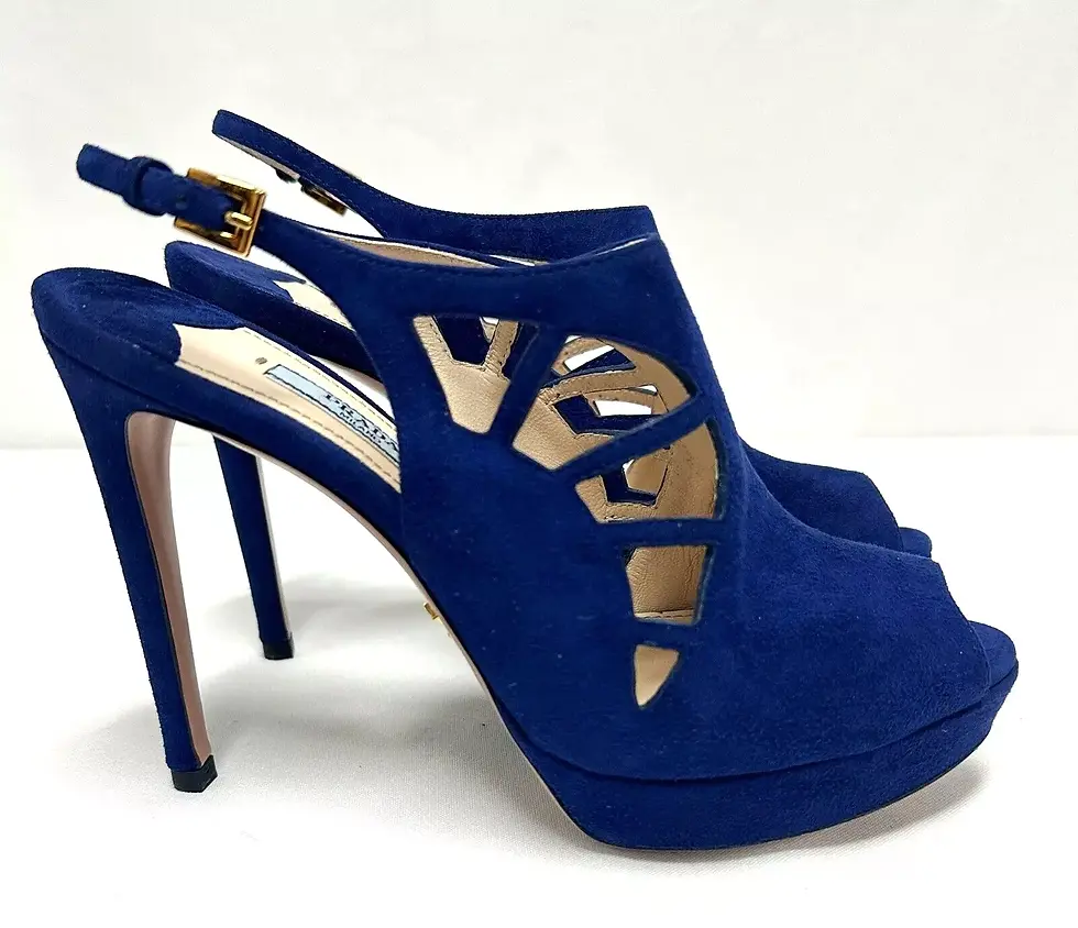 Thumbnail: PRADA Navy Blue Suede Cutout Slingback Booties Heels Shoes Camoscio 37.5 7.5