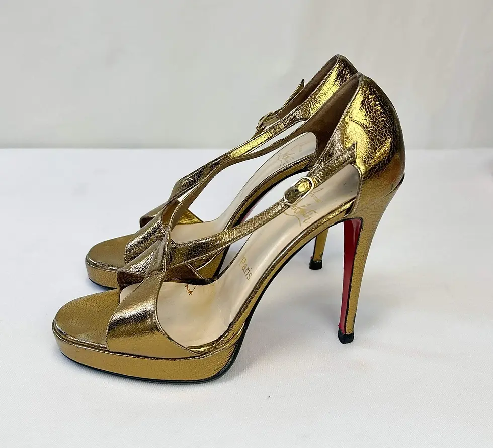 Thumbnail: CHRISTIAN LOUBOUTIN Leather Criss Cross Strap Heels Sandals 38.5 Metallic Gold