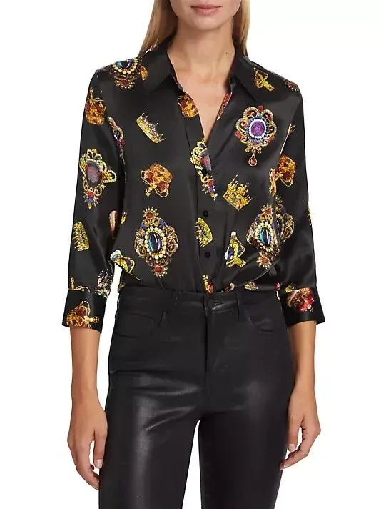 Thumbnail: L'AGENCE Dani Printed Silk Button-Front Shirt Black Multi Crown Medallion L