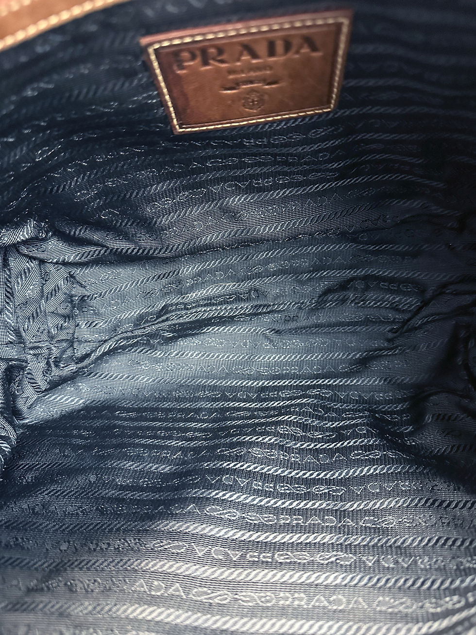 縮圖：PRADA Denim Embroidered Logo Brown Leather Calf Trim Medium Hobo Shoulder Bag