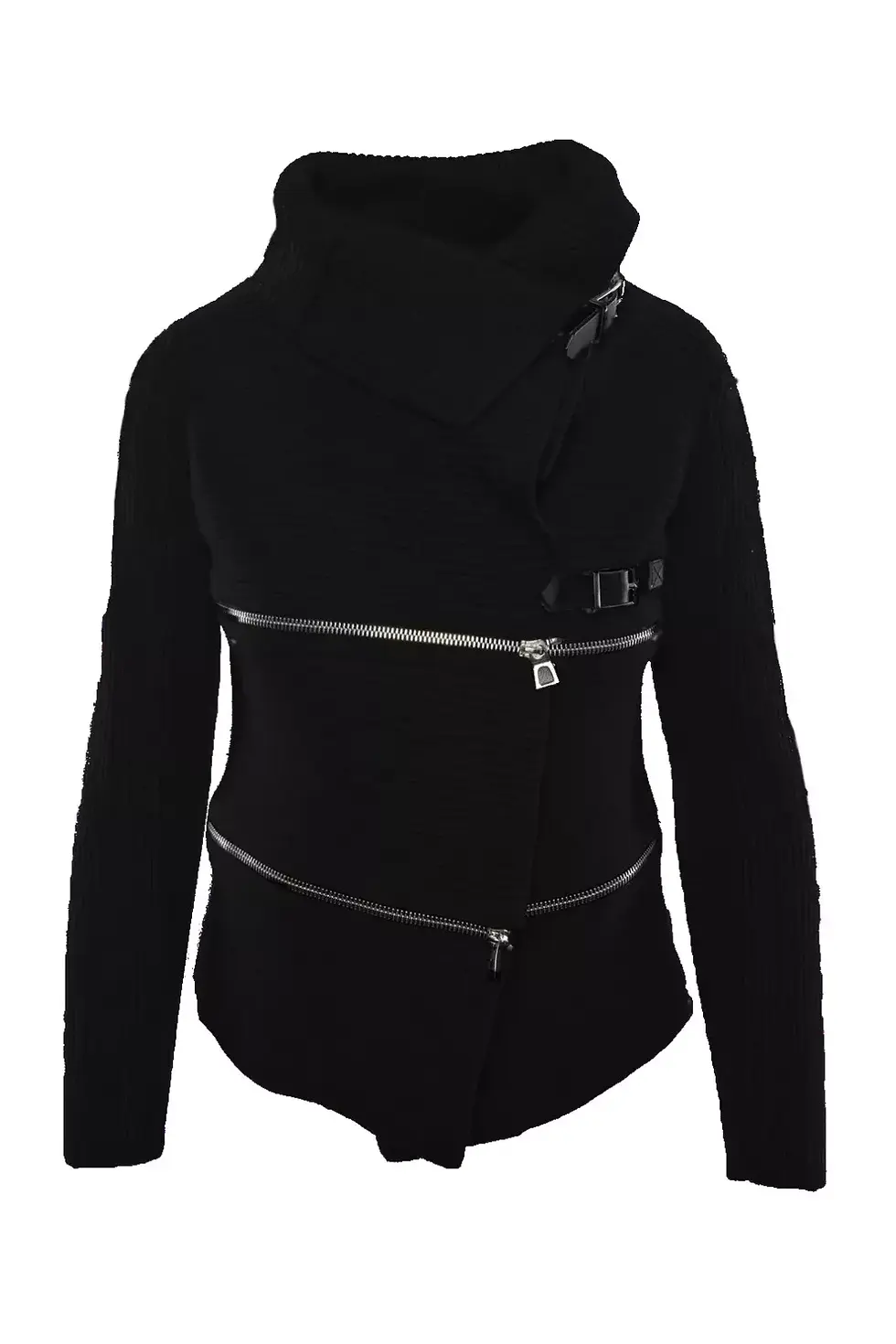 Thumbnail: BARBARA BUI Tricot Zippers Knit Cardigan Jacket Belts Black 100% Wool Medium 8 M