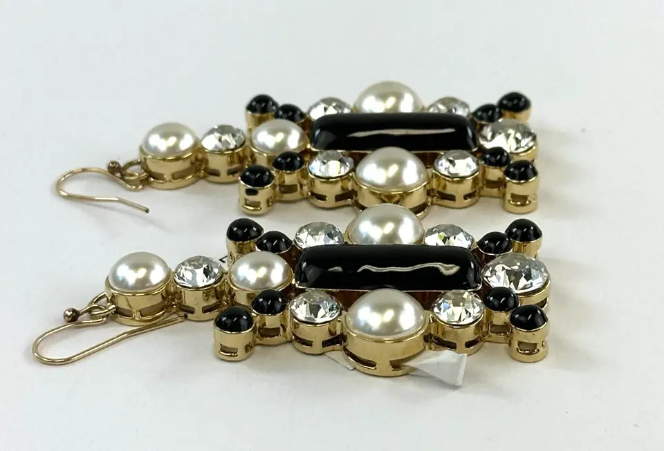 Hình thu nhỏ: ST. JOHN Rhinestone Pearl Dangling Drop Earrings Black 22K Gold Plated Fish Hook