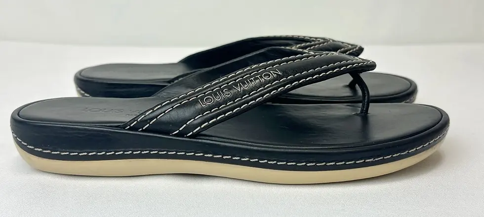 Hình thu nhỏ: LOUIS VUITTON Leather Sandals Flip Flops 38 Black White Stitching