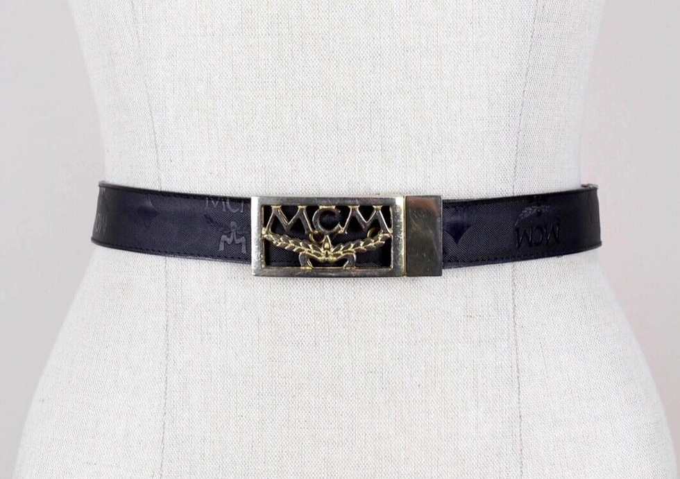 Thumbnail: MCM Black Visetos Monogram Belt Gold-Plated Rectangle Buckle Logo 70 Unisex
