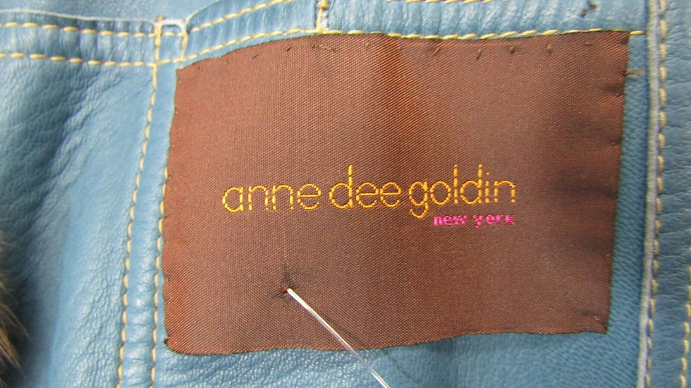 Thumbnail: ANNE DEE Goldin NY Blue Brown Leather Coat Denim Print Mink Fur Trim Small 4