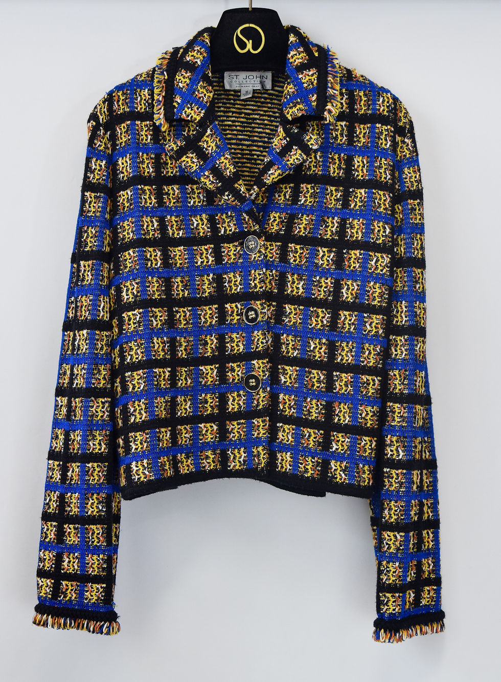 縮圖：ST. JOHN Collection Textured Knit Jacket 16 Black Multi Notched Collar Button