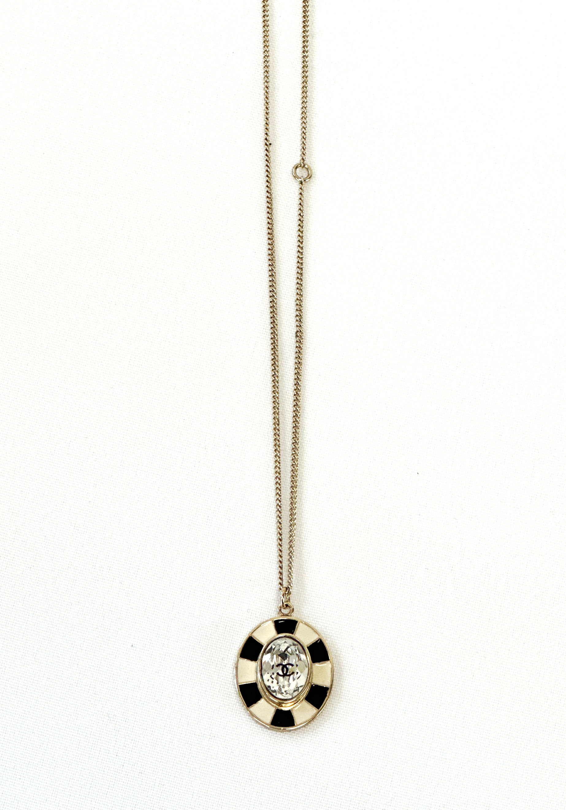 CHANEL Enamel Crystal Pendant Necklace Black White CC Logo Champagne Gold