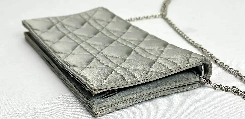 Miniatura: CHRISTIAN DIOR Lady Dior Satin Cannage Pouch Clutch Small Gray Silver Charm