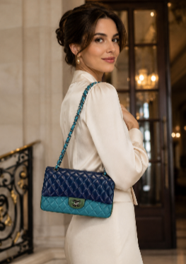 Hình thu nhỏ: CHANEL Shoulder Bag Lambskin Quilted Double Flap Classic Medium Tricolor RARE