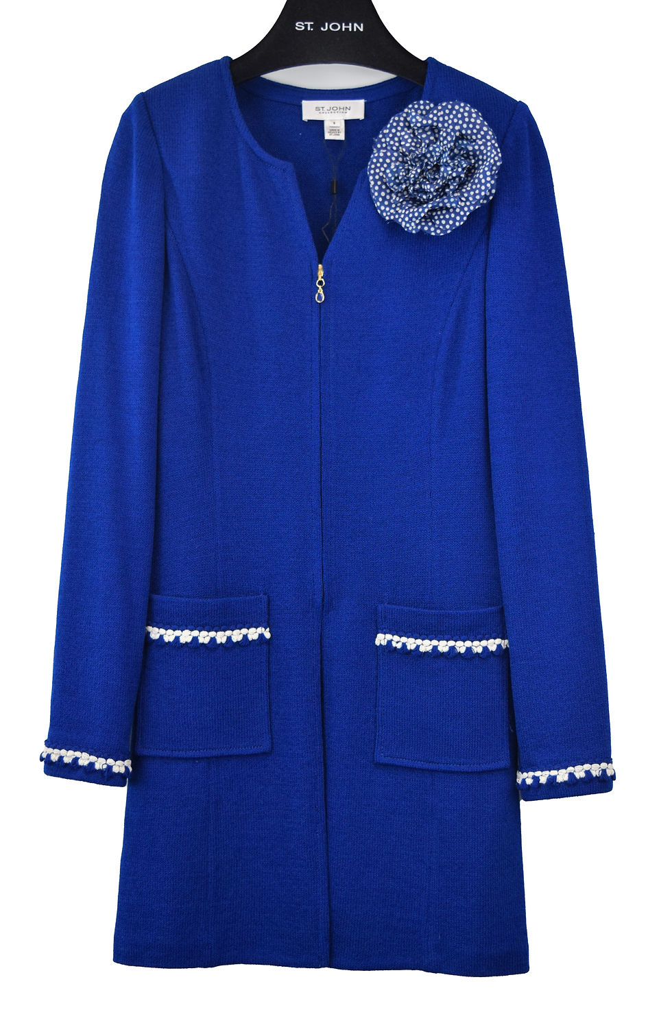 縮圖：ST. JOHN Knit Long Jacket 6 Royal Blue Polka Dot Flower Brooch Pin