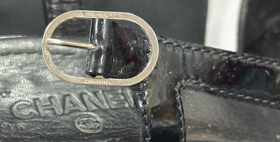 Hình thu nhỏ: CHANEL Patent Leather Wedges Sandals 38US 7.5 Black Slingback Buckle Cruise 2007