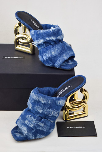 DOLCE & GABBANA Blue Denim Mule Sandals 38 8 Gold DG Logo-Heel