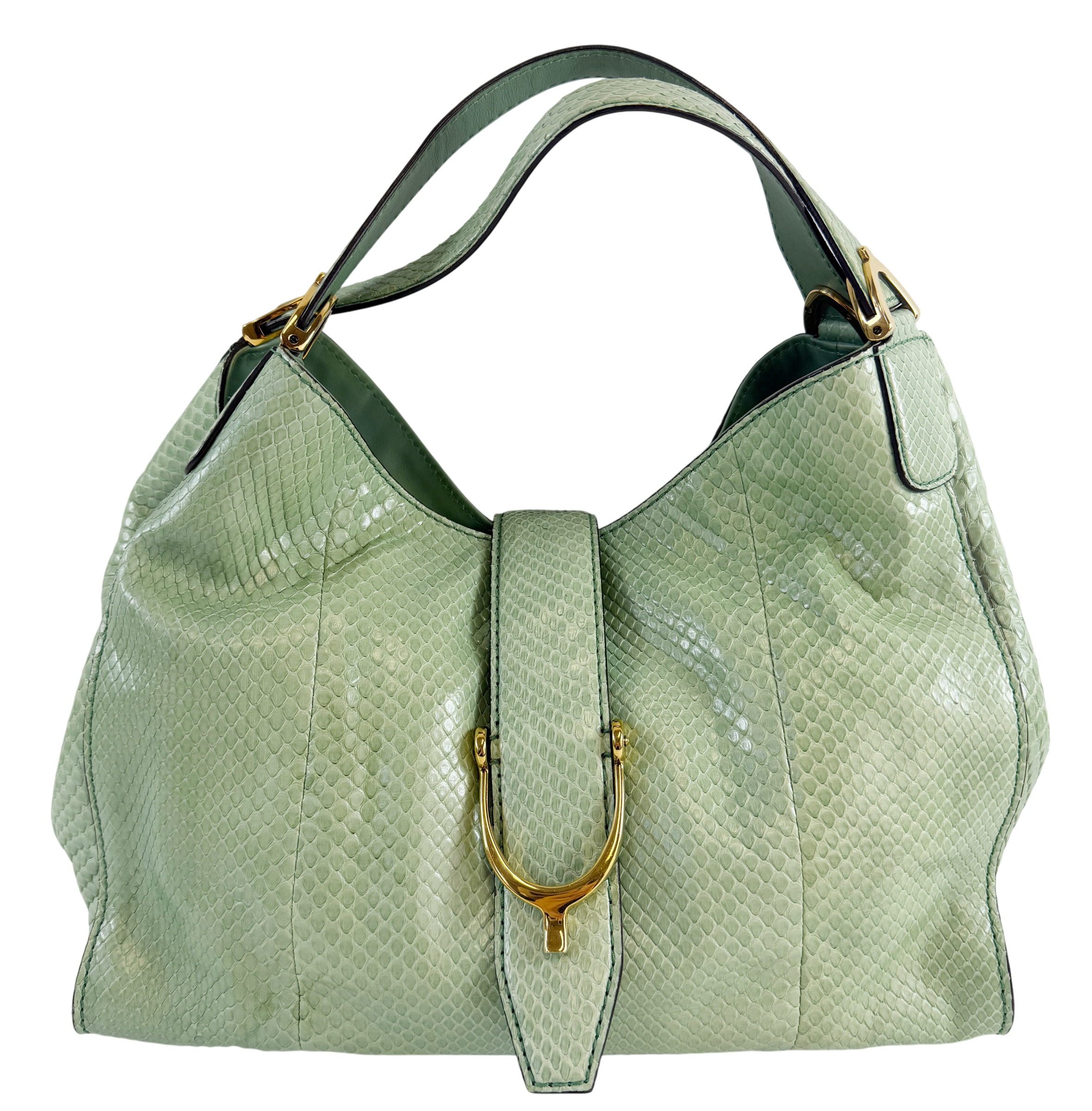 GUCCI Python Snakeskin Leather Soft Stirrup Hobo Bag Medium Metallic Mint Green