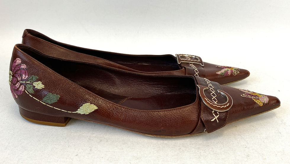縮圖：Vintage CHRISTIAN DIOR Brown Butterfly Flower Embroidered Pointed Toe Flats 38 8