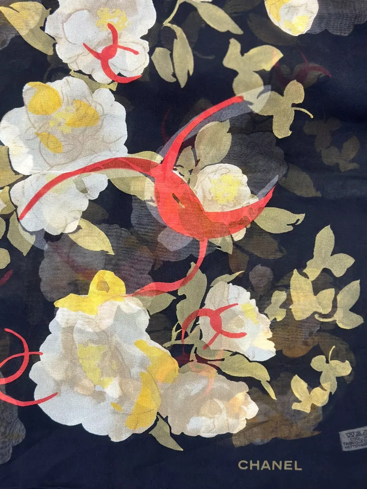 CHANEL Silk Square Scarf Large Black Multicolor White Roses Red CC