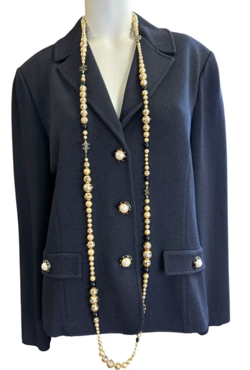Thumbnail: CHANEL Faux Pearl Long Necklace Champagne Black CC 5 Bow Logo Autumn 2006