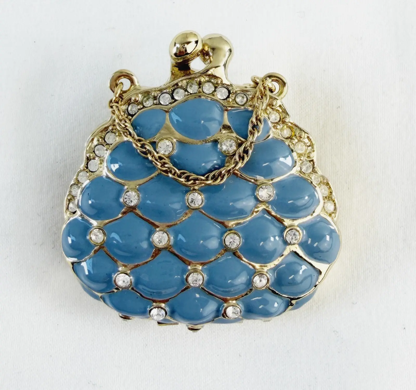 NEW ST. JOHN Handbag Mini Brooch Blue Enamel Scales Crystals 24KGP Logo Enhancer