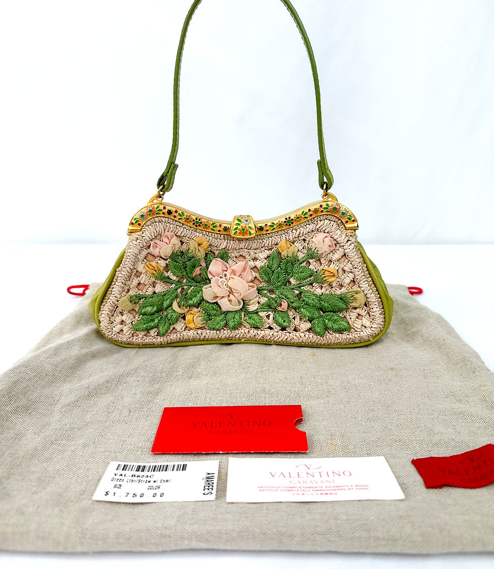 Hình thu nhỏ: Vintage VALENTINO Garavani Leather Straw Enameled Handbag Small Green Flowers