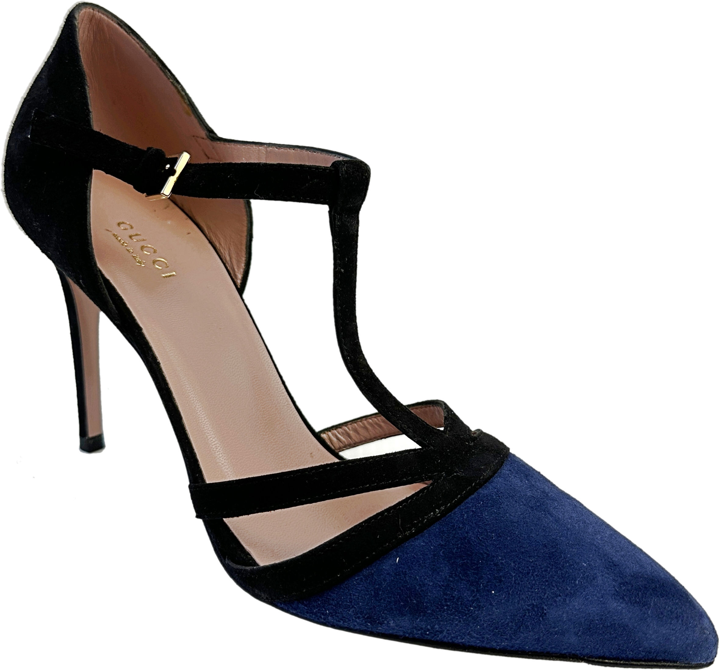 GUCCI Navy Black Suede Pointed Toe D'orsay Strappy Stiletto Heels 38 8 Shoes