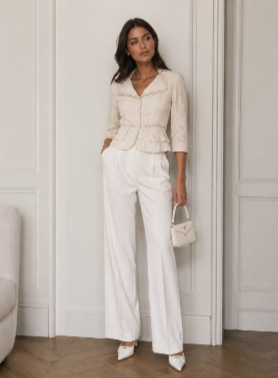 ALBERTO MAKALI Blazer Jacket Eyelet Ivory Floral Pattern Beaded Outline 4