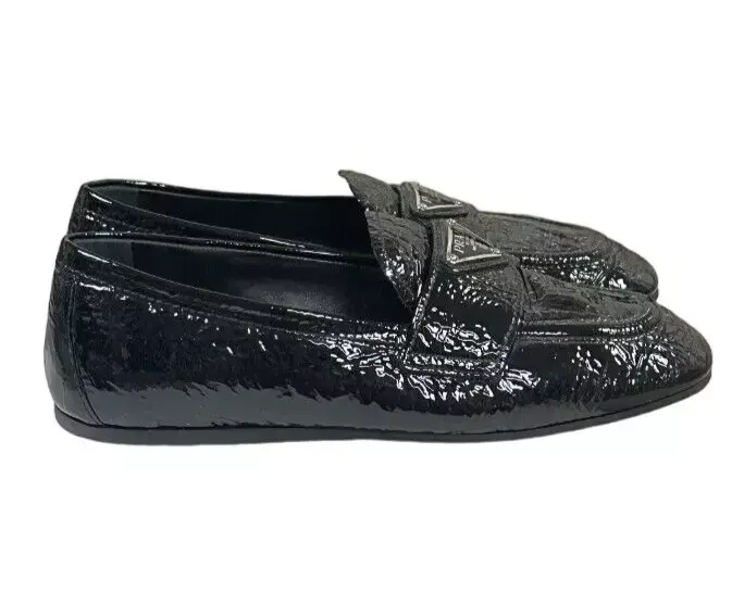 縮圖：PRADA Patent Leather Driving Flat Loafers 35 5 Black Nero Logo Almond Toe Shoes