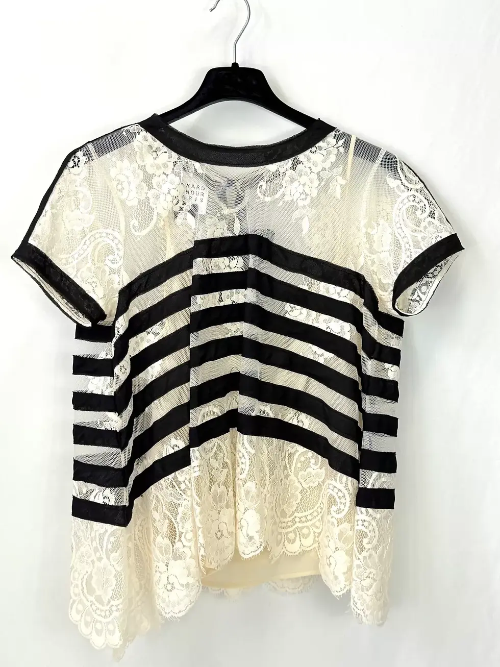 Hình thu nhỏ: EDWARD ACHOUR PARIS Cotton Blend Lace Overlay Blouse 38 Ivory Black Striped Bow