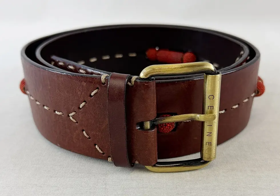 縮圖：CELINE Red Brown Grain Leather Brass Belts Beads Stitches M Gold Buckle
