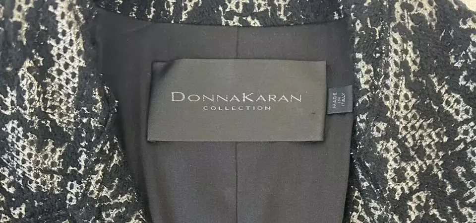 縮圖：NWT DONNA KAREN Cracked Metallic Lame Brocade Black Wool Blend Midi Coat S Small