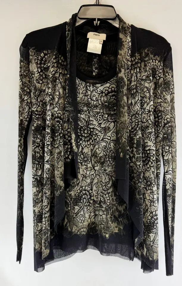 縮圖：Vintage FUZZI 2 Pieces Jacket/Top Floral Print Black Grey Open Front Small S