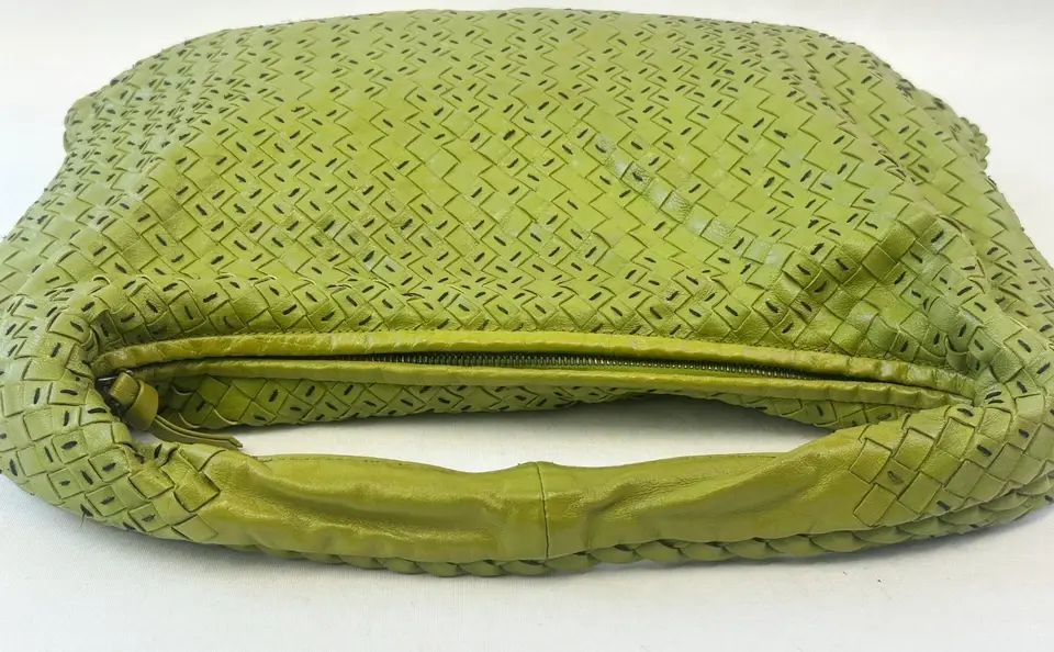 Miniatura: BOTTEGA VENETA Lime Green Hobo Shoulder Bag Top Stitched Intrecciato Woven Large