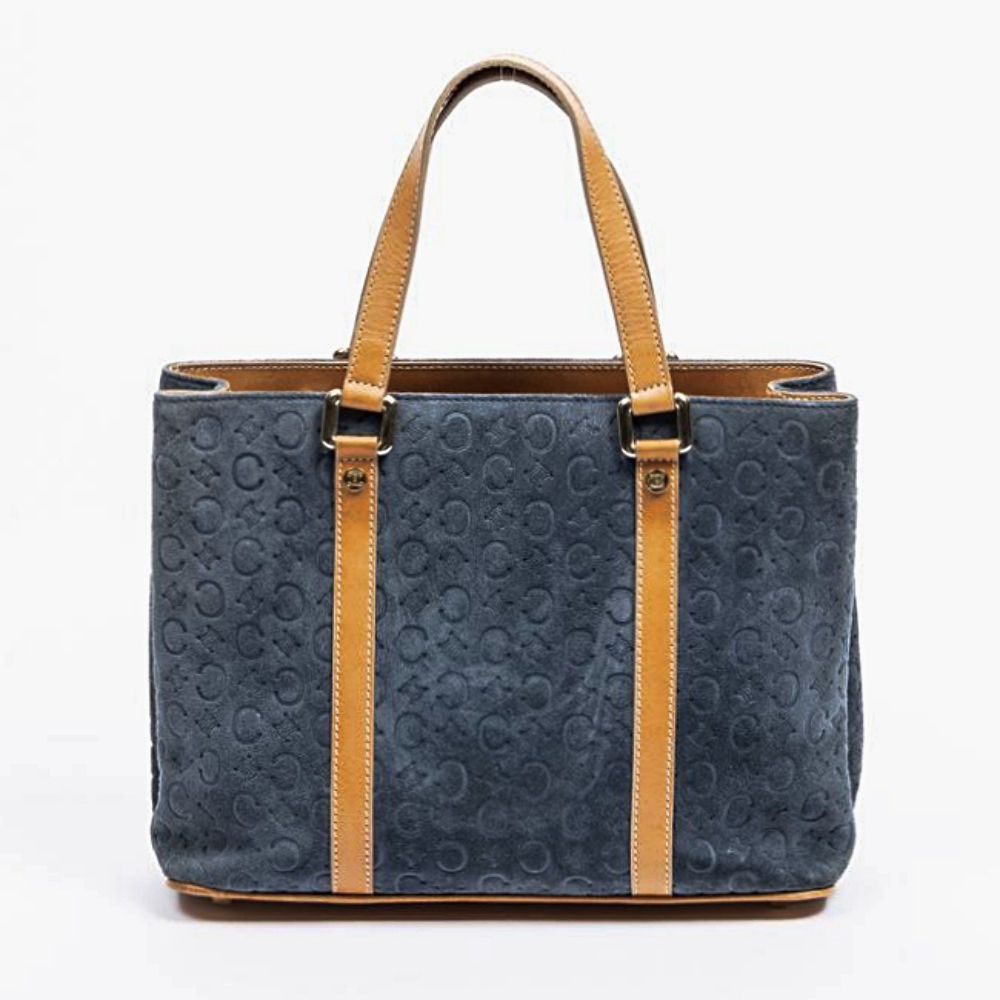 CELINE C Macadam Monogram Blue Embossed Suede Beige Leather Tote Bag VINTAGE