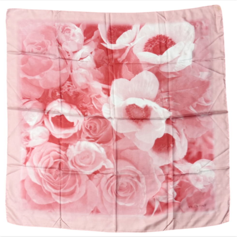Thumbnail: VALENTINO Floral Blooming Rose Square Silk Neck Wrap Scarf Soft Pink Large