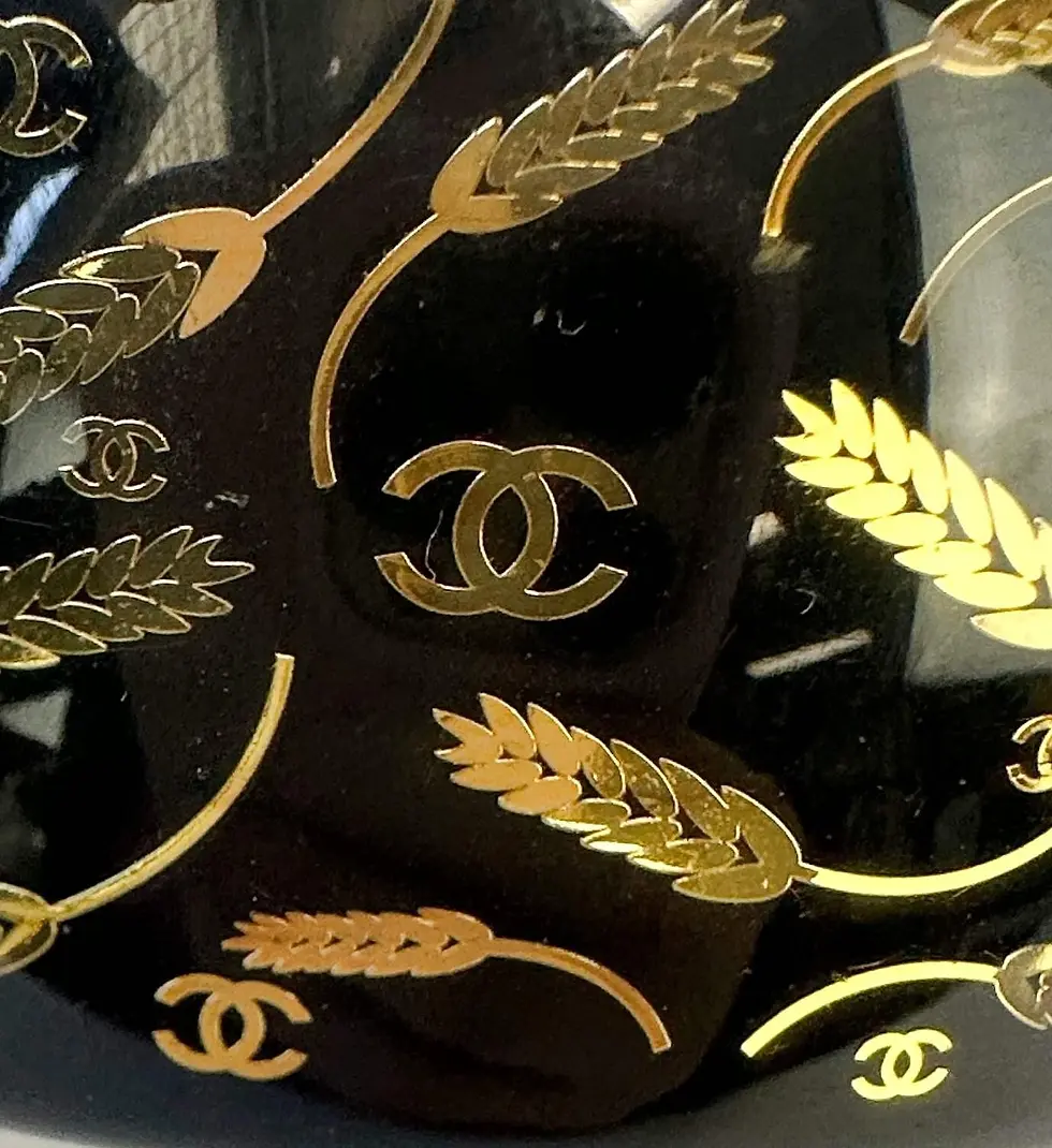 Thumbnail: CHANEL Resin Cuff Bracelet Black Gold CC Logo Wheat Bangle 2010 RARE