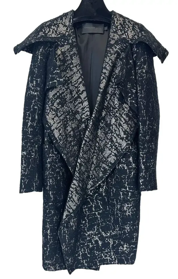 縮圖：NWT DONNA KAREN Cracked Metallic Lame Brocade Black Wool Blend Midi Coat S Small