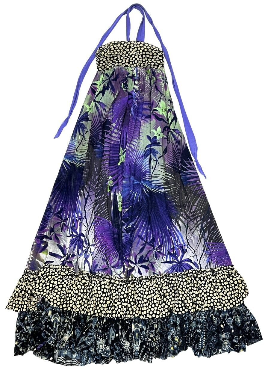 Hình thu nhỏ: JEAN PAUL GAULTIER SOLEIL Nylon Mesh Maxi Dress Small Multicolor Print Halter Lg