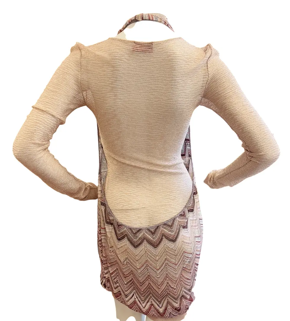 Thumbnail: MISSONI Two Layered Mini Dress 44 Tan Multicolor Long Sleeves Shimmery 8