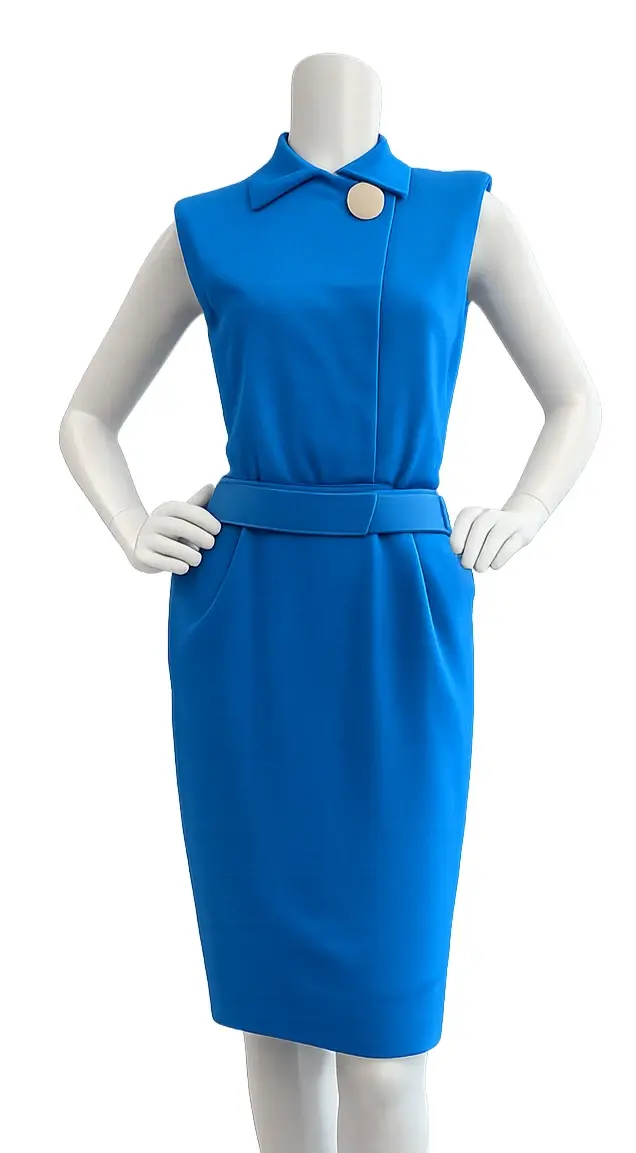 Thumbnail: AKRIS Blue Wool Collar Dress Blend Silk Lined Side Pockets Sleeveless Belt 8 US