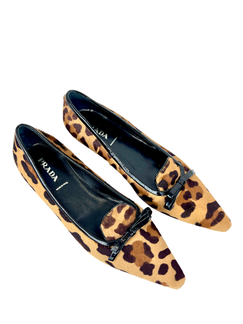 Thumbnail: PRADA Leopard Print Patent Leather Calf Hair Heel Bow Tie Flat Shoes 39.5 9.5