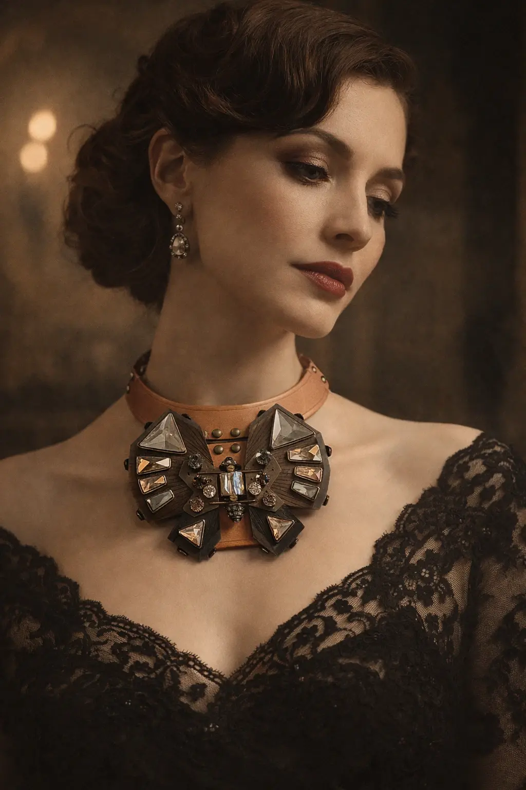 LANVIN Large Butterfly Pendant Crystal Necklace Wide Leather Tan