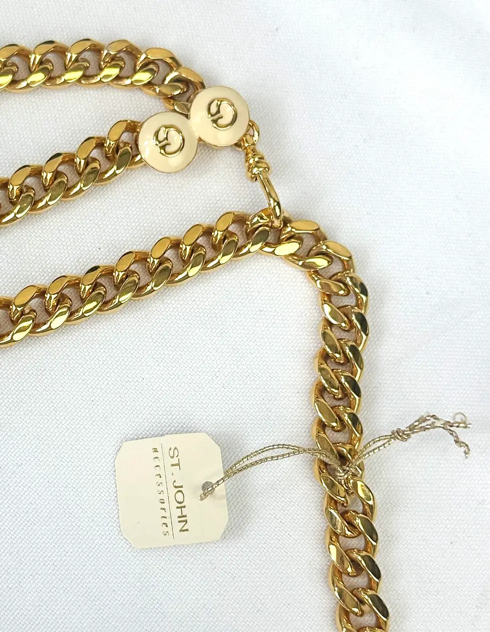 縮圖：NWT ST. JOHN KNITS Vintage Gold Chain Belt Adjustable Beige Enamel Logo Signed