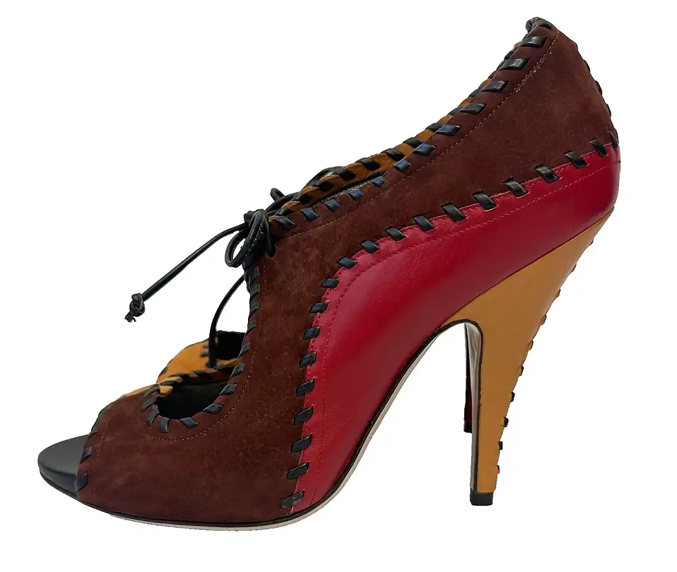 Thumbnail: SALVATORE FERRAGAMO Felina Suede Leather Patchwork Heels 7.5 Brown Red Tan