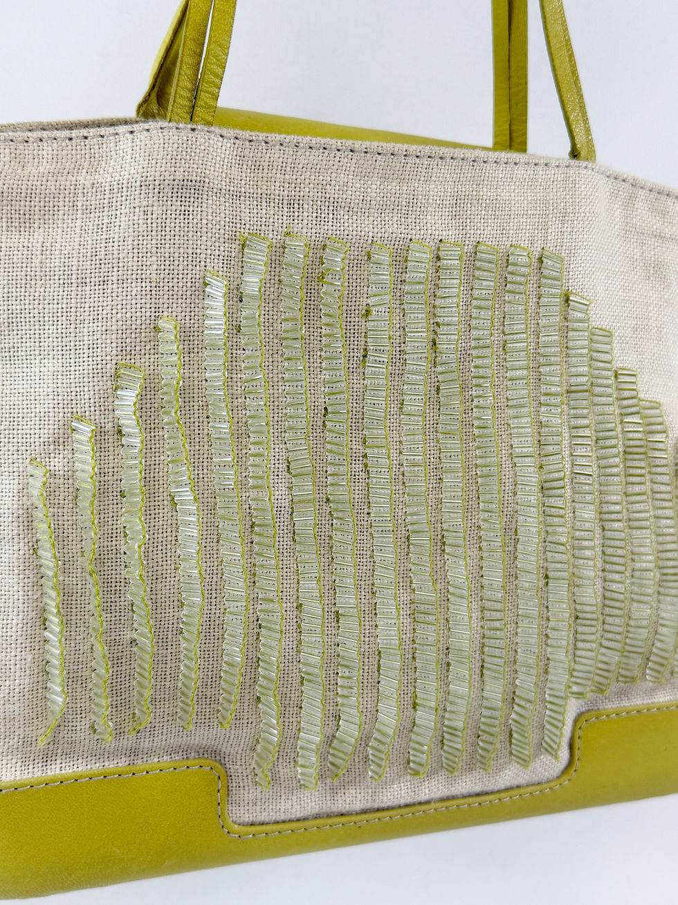 縮圖：BOTTEGA VENETA Linen Leather Tote Bag Small Natural Lime Green Beaded