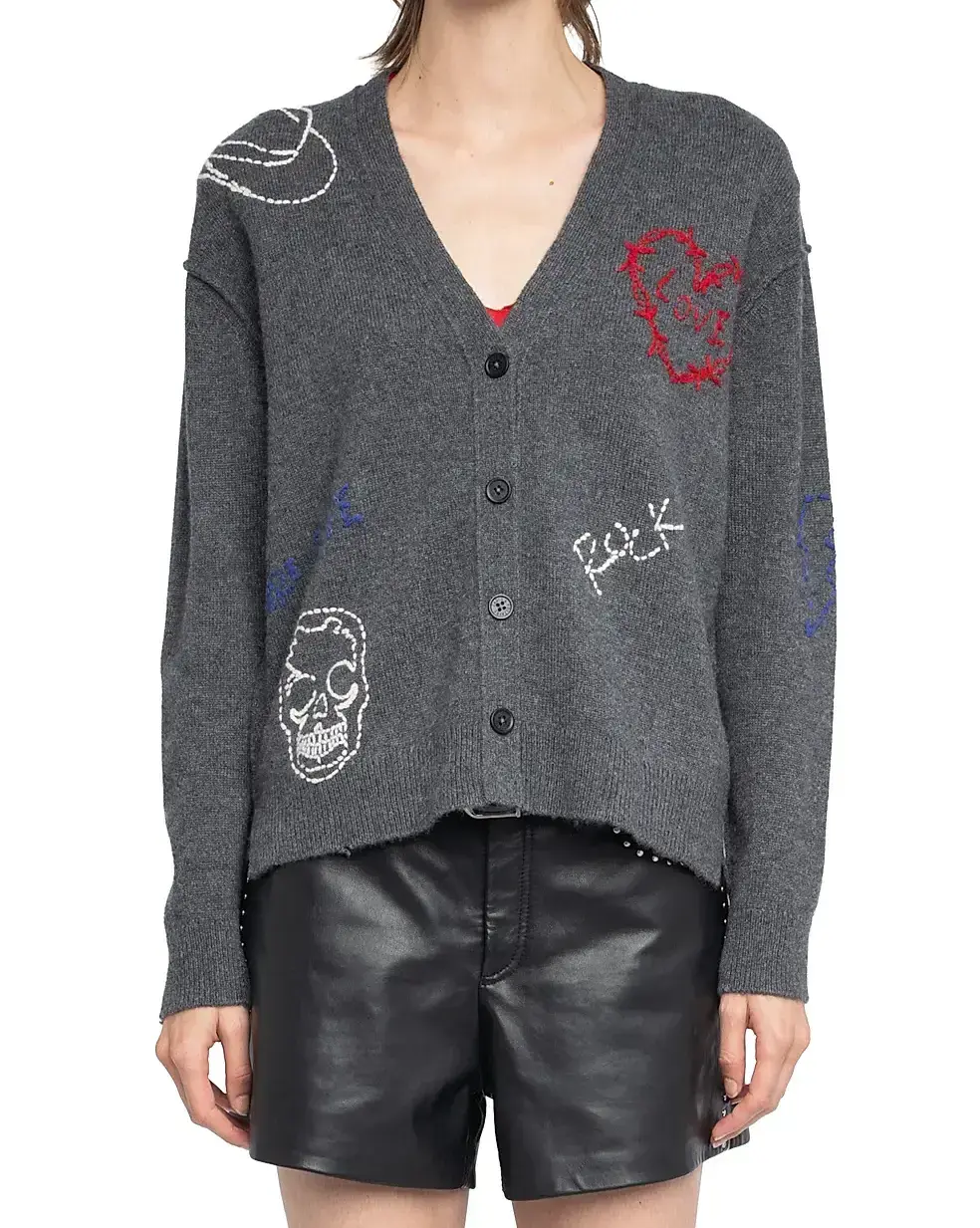 ZADIG & VOLTAIRE Mirkaz Cashmere Cardigan Medium Anthracite Skull Graphic Detail